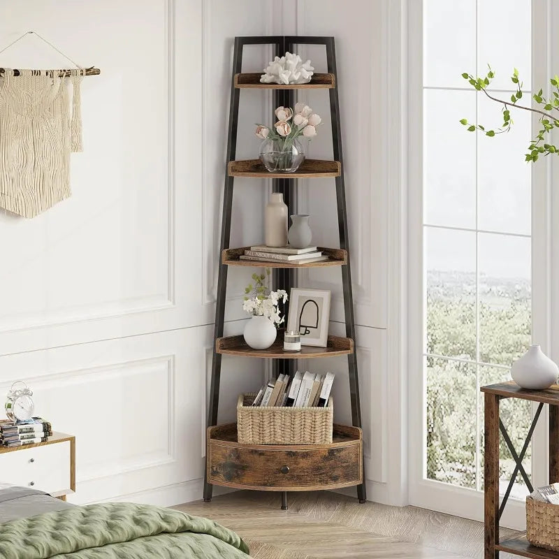 Freestanding Corner Shelf Unit, Rustic Brown  Bookcase