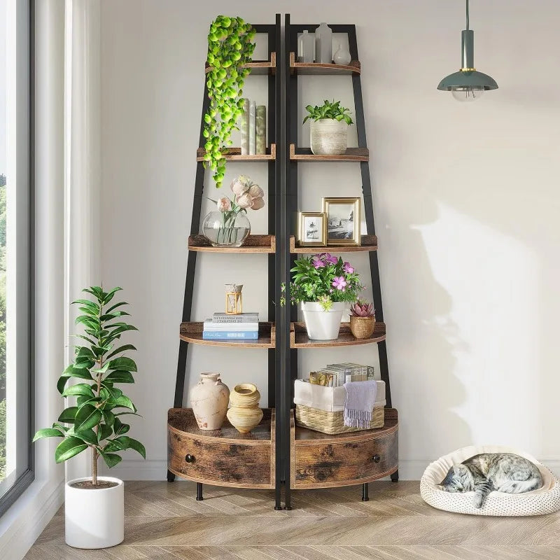 Freestanding Corner Shelf Unit, Rustic Brown  Bookcase