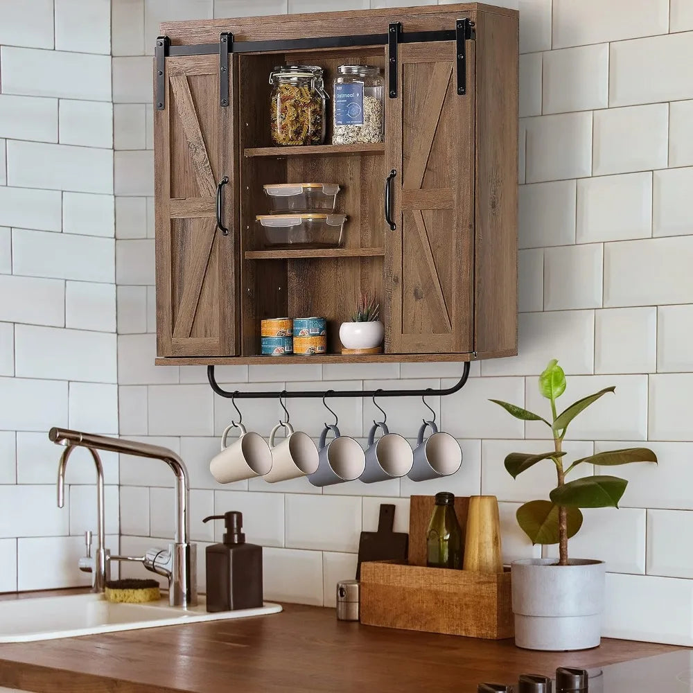 Rustic Wood Wall Storage Cabinet with Two Sliding Barn Door