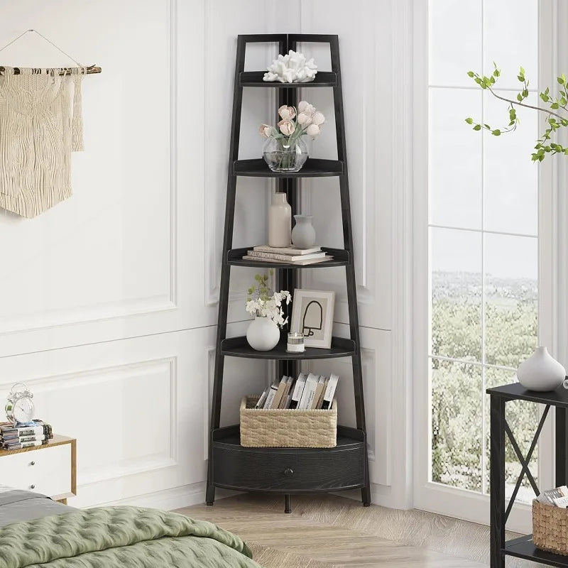 Freestanding Corner Shelf Unit, Rustic Brown  Bookcase