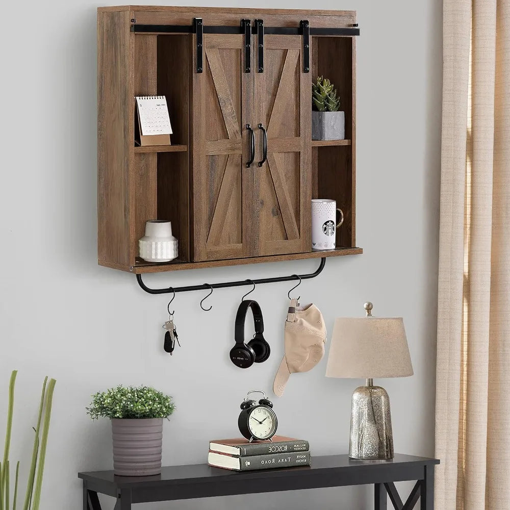 Rustic Wood Wall Storage Cabinet with Two Sliding Barn Door