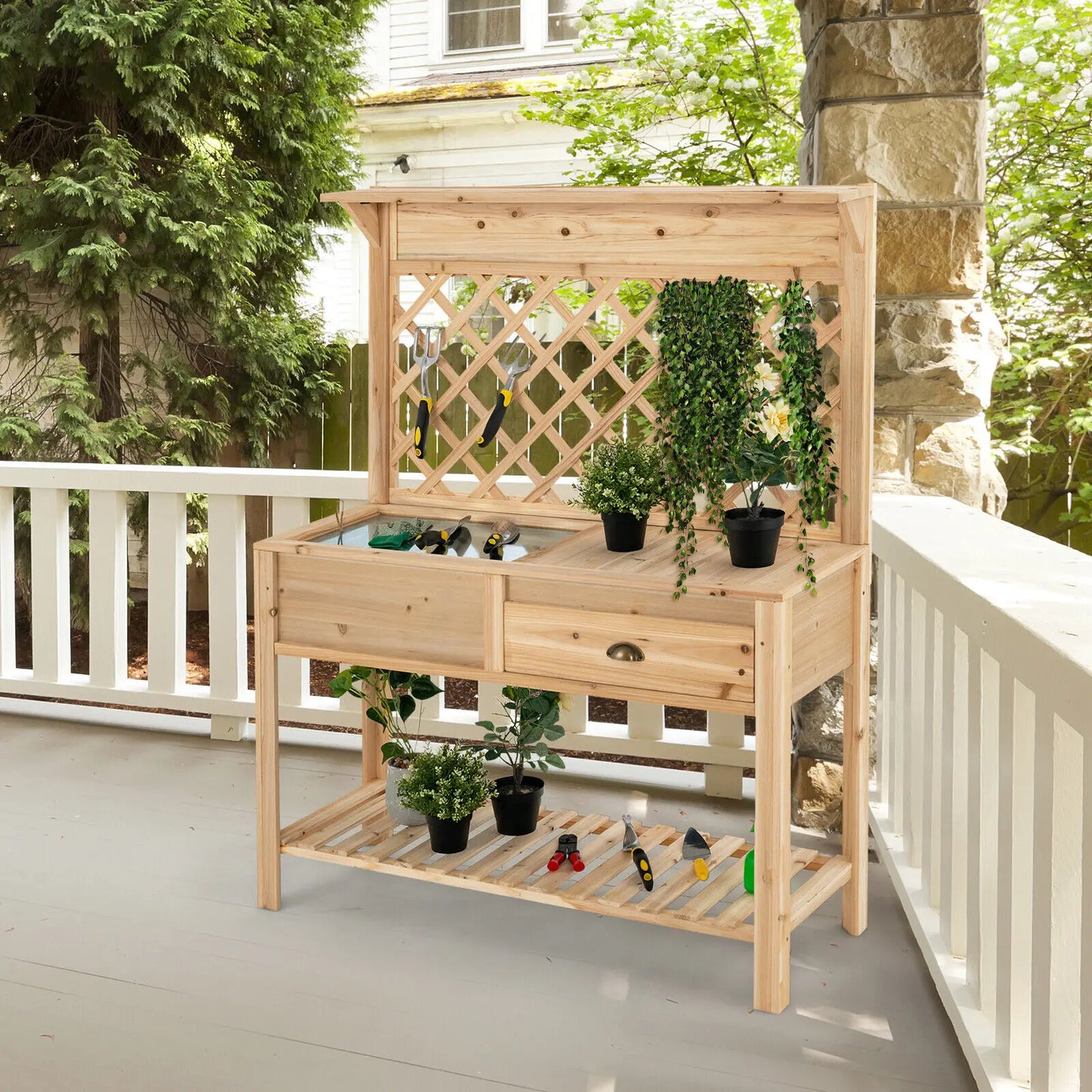 Outdoor Garden Potting Table w/Metal Top Open Shelf