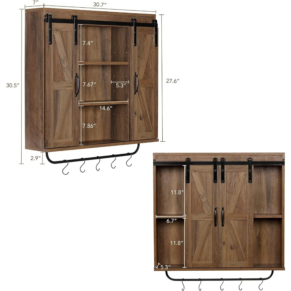 Rustic Wood Wall Storage Cabinet with Two Sliding Barn Door