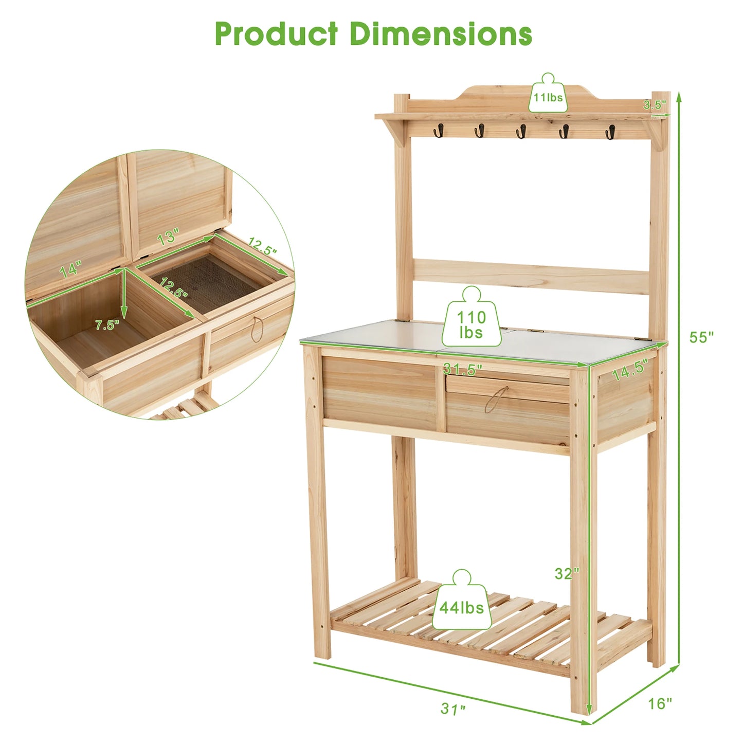 Outdoor Garden Potting Table w/Metal Top Open Shelf