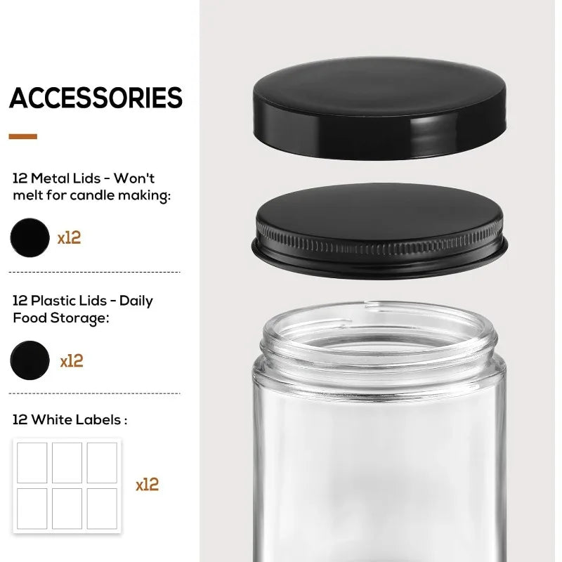 12 Pack 8oz Thick Glass Jars with Metal & Plastic Lids