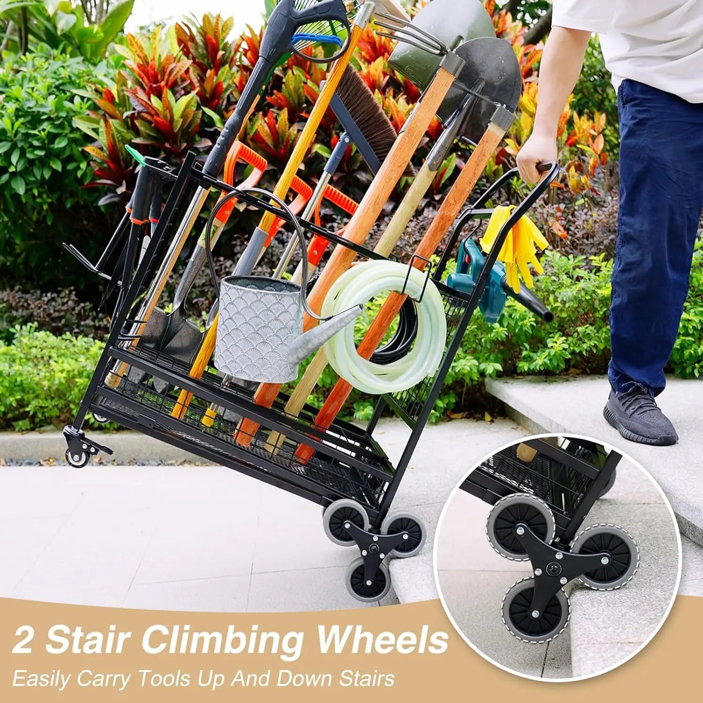 Garden Tool Organizer with 2 Stair Climbing Wheels